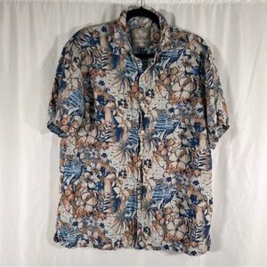 Margaritaville Silk Linen Blend Shirt Mens Large Beige Orange Hawaiian Button Up